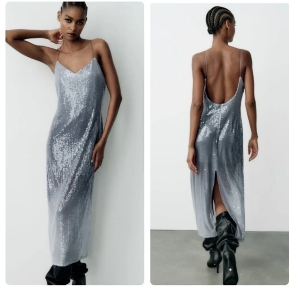 Zara NWT sequin midi dress silver - Picture 2 of 11